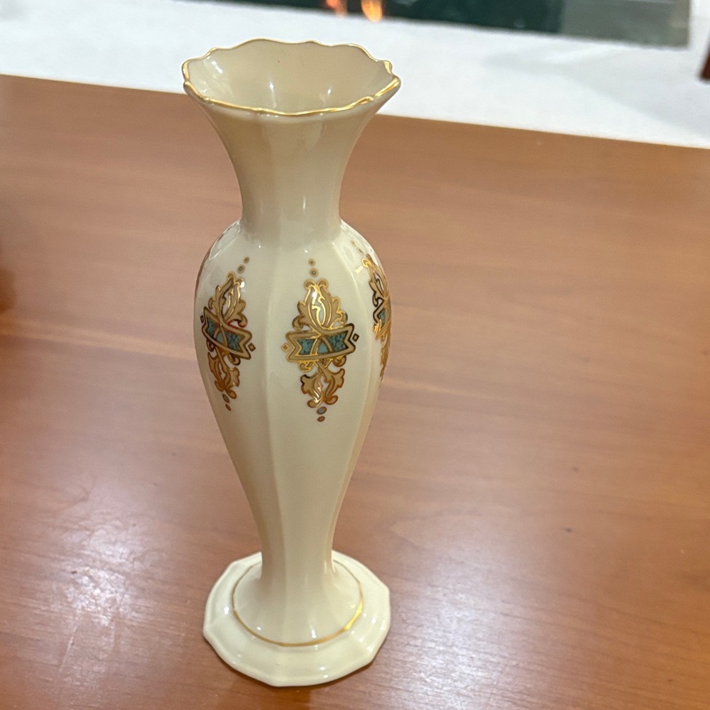 Lenox Cream Vase with Gold and Green Accents